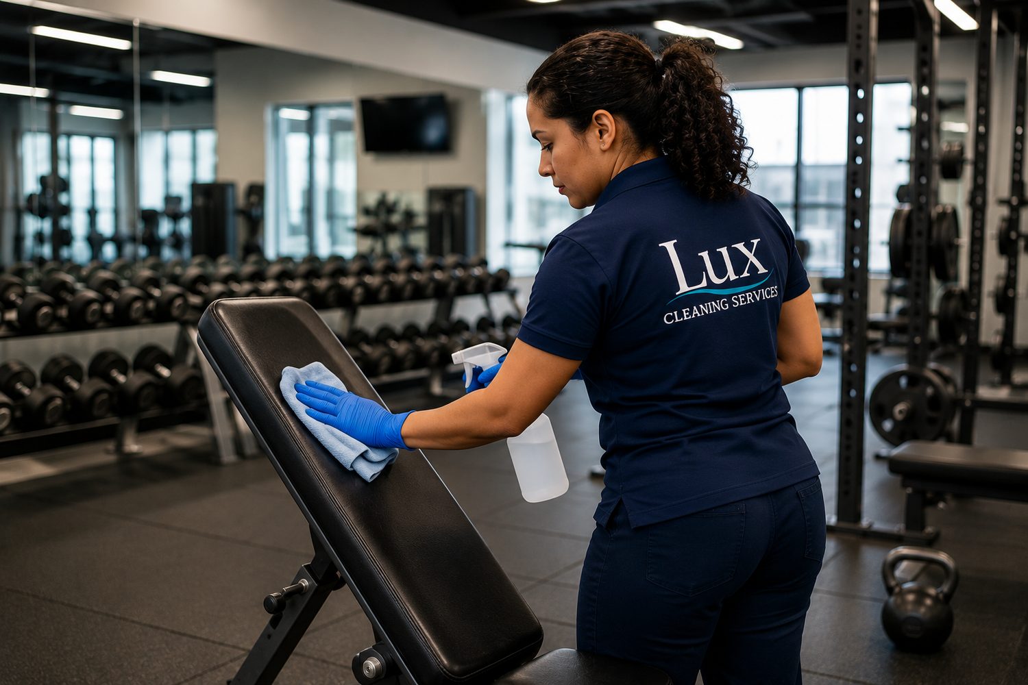 Lux crew sanitizing a gym and studio