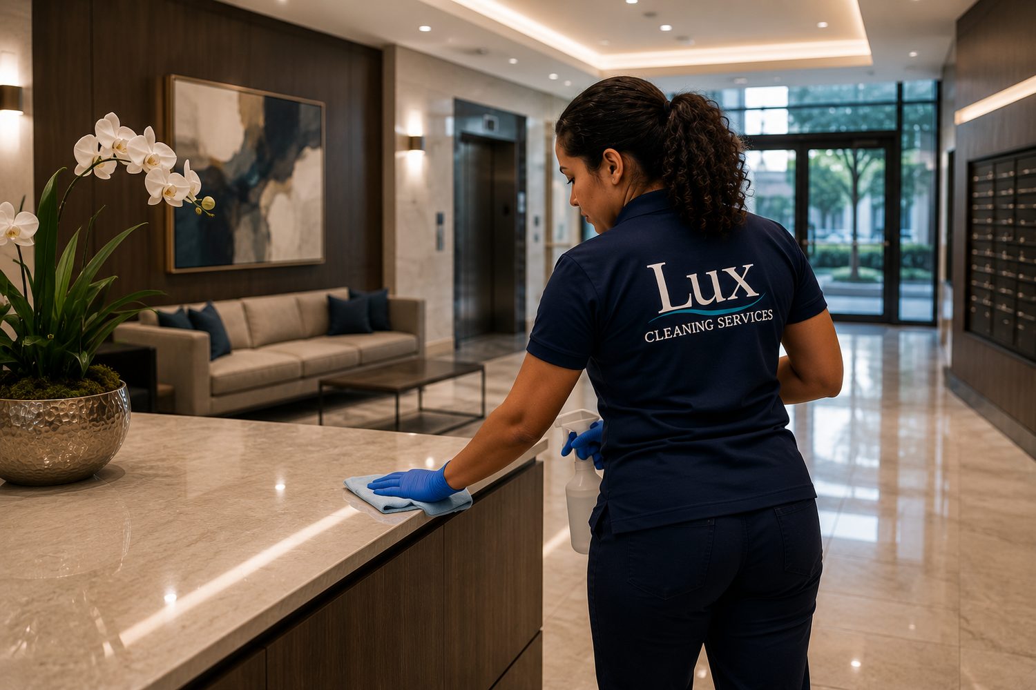 Lux crew cleaning a property lobby and common area