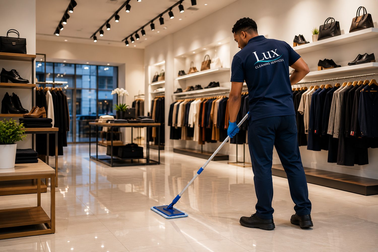 Lux crew cleaning a retail showroom