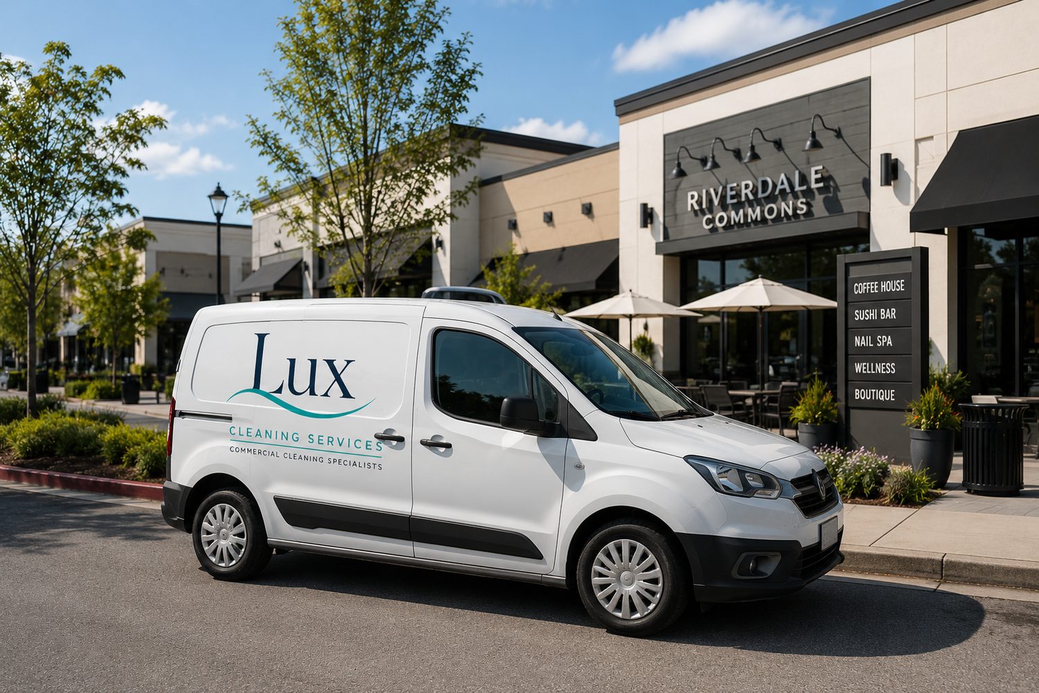 Lux Cleaning Services branded van outside a commercial plaza in Ansonia, CT