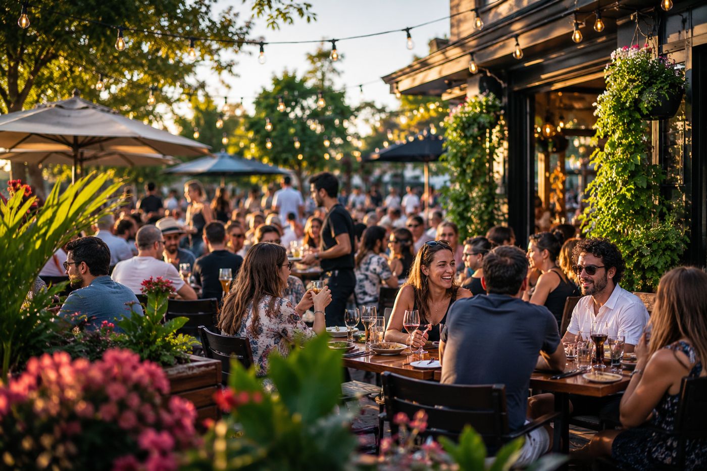 Busy restaurant patio on a summer evening, the busiest season for local businesses